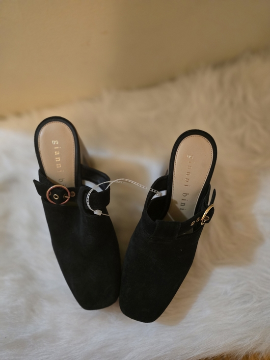 Gianni Bini Shoes - Gianni Bini Black Suede Mule with Gold Buckle Accent